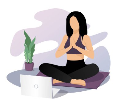 Bilgisayarda online dersler izleyen, yoga, meditasyon ve egzersiz yapan bir kadın. Canlı yayın, internet eğitimi