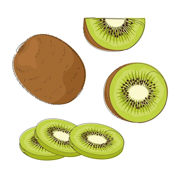 Conjunto Rodajas Kiwi Verde Aislado Blanco Ilustración Diseño Plano — Vector de stock