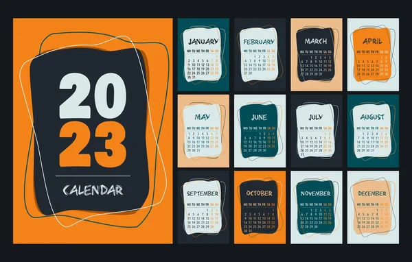 Calendario 2023 Plantilla Naranja Verde Melocotón Blanco Negro Diseño Calendario — Vector de stock