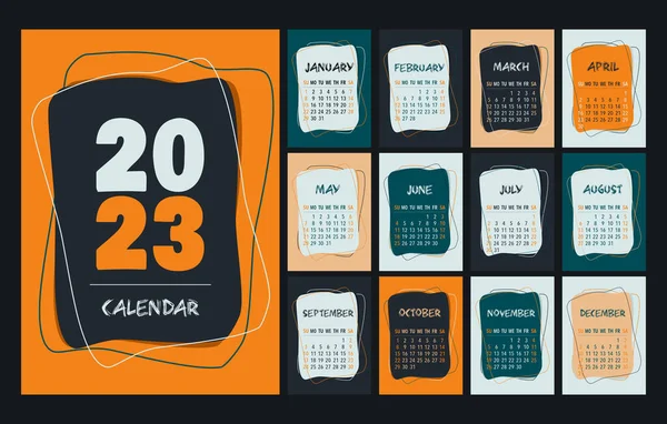 Calendar 2023 Template Orange Green Peach White Black Desk Calendar — стоковый вектор