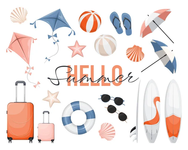 Set Blue Red Pink Summer Beach Icons Surfboards Baggage Seashells — Stock Vector