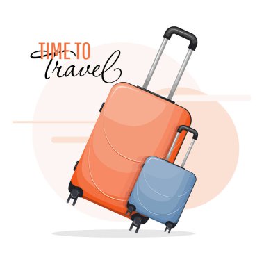 Seyahat pankartı ve bavullarla gitme zamanı. Seyahat bagajı çizimi düz tasarım