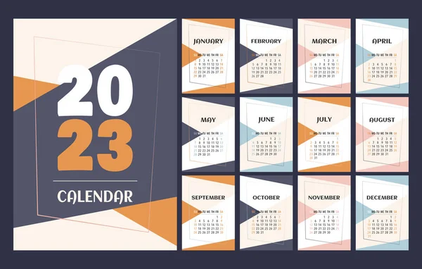 Calendar 2023 Template Orange Pink Blue White Desk Calendar Design — стоковый вектор