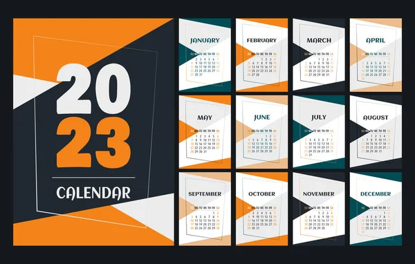 Kalender 2023 Sjabloon Oranje Groen Perzik Wit Zwart Bureau Kalender — Stockvector