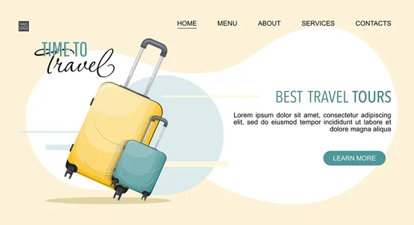 Tijd Reizen Landing Page Template Met Koffers Tekst — Stockvector