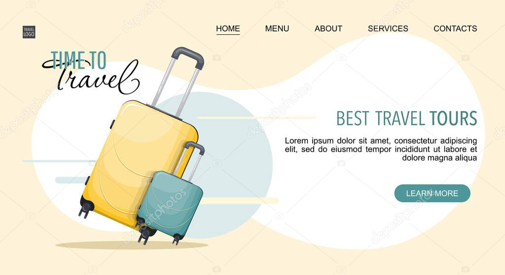 Time to Travel landing page template with suitcases and text
