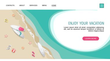 Seyahat acentesinin iniş sayfası. Renkli sörf tahtasıyla yazlık panorama 