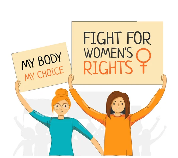 Young Women Holding Placard Sighs Supporting Protests Fight Women Rights — Stock Vector