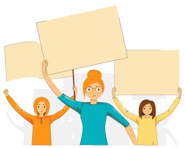 Ellerinde pankart tutan bir kadın ve bayrak tutan bir adam. Toplantıda bir grup insan protesto ediyor. 