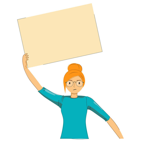 A woman holding a placard in hands and supporting protest. Flat design illustration