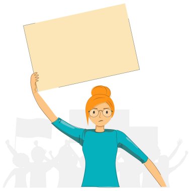 Elinde bayrak tutan bir kadın. Bir grup insan destek gösterileri için geride duruyor.