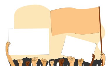 People protest. Hands holding posters. People with posters protest. Collection of hands holding empty banners