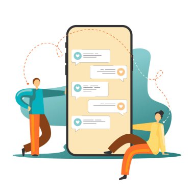 Man and woman have love chat in mobile phone. Romantic online texting and dating illustration in flat design