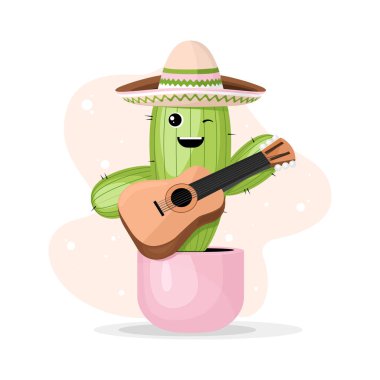 Çiçek saksısında şirin renkli bir yaz kaktüsü ve düz dizaynlı bir gitar.