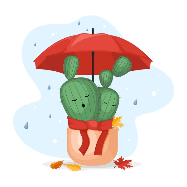 Çiçek Saksısı Yağmurdan Saklanan Şemsiyeli Şirin Renkli Kaktüsler — Stok Vektör