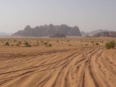 Wadi Rum Çölü, Ürdün, 14 Ağustos 2010: Wadi Rum Çölü 'nde tekerlek izleri