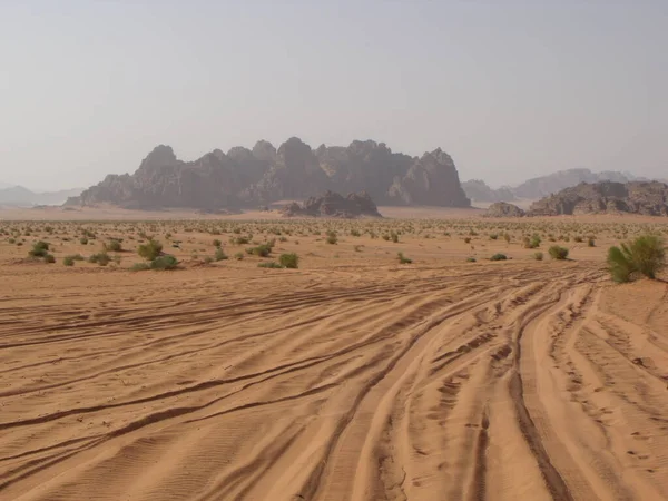 Wadi Rum Çölü, Ürdün, 14 Ağustos 2010: Wadi Rum Çölü 'nde tekerlek izleri