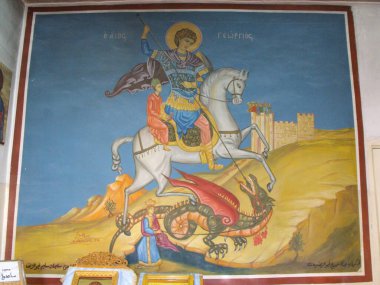 Madaba, Ürdün, 9 Ağustos 2010: Ürdün 'ün Madaba kentindeki Aziz George Ortodoks Kilisesi' nde ejderhayla savaşan Aziz George 'un temsili