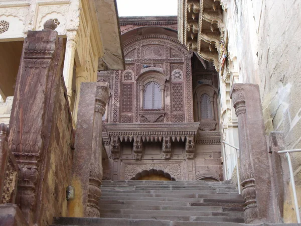 Jodhpur Rajasthan India Augusztus 2011 Gazdagon Díszített Bejárati Lépcsők Ablakok — Stock Fotó