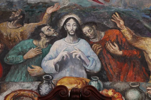 Candelaria, Tenerife, Kanarya Adaları, İspanya, 8 Mart 2022: Tenerife 'deki Candelaria Bazilikası' nda İsa Mesih 'le bir duvar resminin ayrıntıları. İspanya