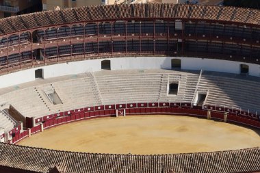Malaga, Spain, May 8, 2022: Arena, stands and upper boxes of the Malaga bullring. Spain