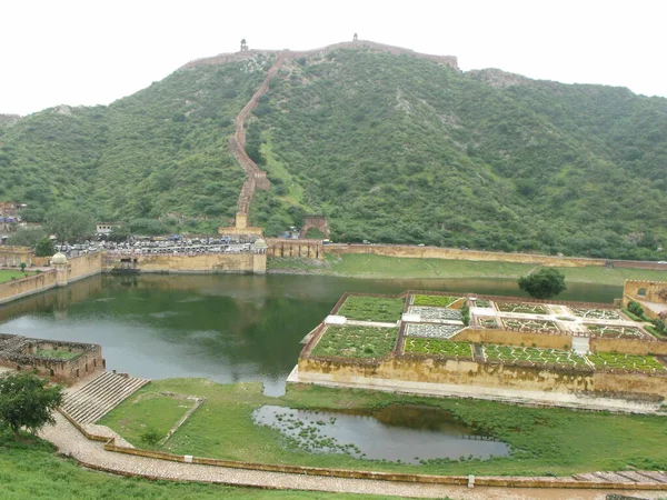 Amber Fort Jaipur Rajasthan India August 2011 View Lake Walls — 图库照片