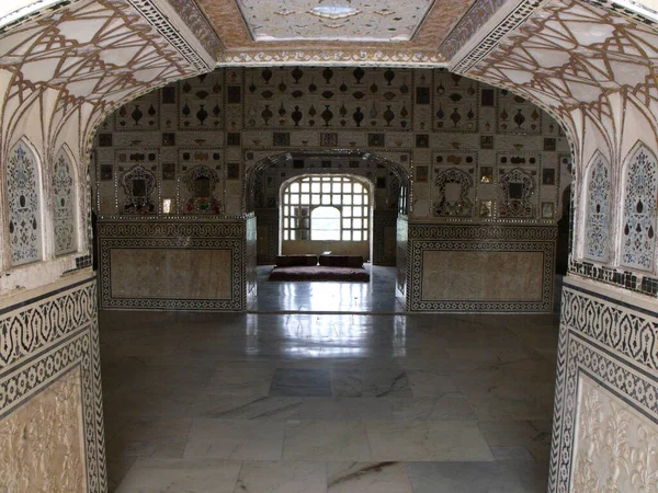 Amber Fort Jaipur Rajasthan Índia Agosto 2011 Ornately Decorated Hall — Fotografia de Stock