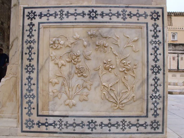 Amber Fort Jaipur Rajasthan India August 2011 Marble Flower Reliefs — 图库照片