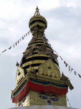 Kathmandu, Nepal, August 20, 2011: Vertical view of stupa with Buddha eyes at Swayambhunath Temple, the monkey temple. Kathmandu, Nepal