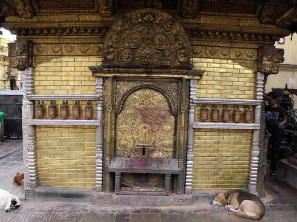 Kathmandu Nepal August 2011 Dog Sleeps Base Golden Altar Swayambhunath — Stock Photo, Image