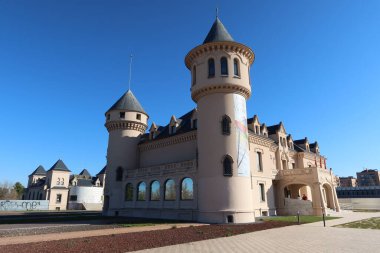 Alcorcon, Madrid, Spain, December 17, 2021: Side view of one of the Valderas castles, headquarters of the MAVA Municipal Glass Art Museum of Alcorcon, Madrid