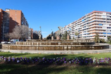 Alcorcon, Madrid, Spain, December 17, 2021: Fountain of the four elements in the park of Peace in Alcorcon, Madrid