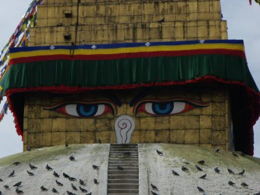Kathmandu, Nepal, August 20, 2011: The sacred eyes of the Buddha at the Boudhanath stupa in Kathmandu, Nepal