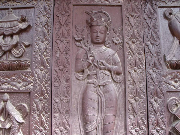 Kathmandu Nepal August 2011 Carved Wooden Door Boudhanath Stupa Kathmandu — Photo