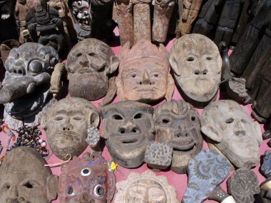 Durbar Square, Patan, Kathmandu, Nepal, August 20, 2011: Wooden masks in Durbar Square, Patan, Kathmandu, Nepal