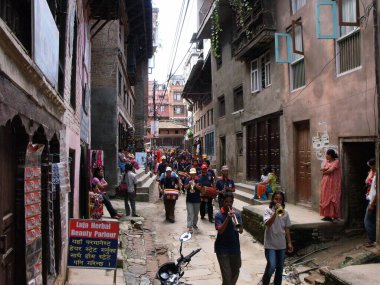 Durbar Square, Patan, Kathmandu, Nepal, August 20, 2011: Street musicians in Durbar Square, Patan, Kathmandu, Nepal