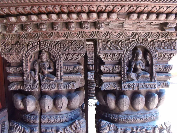 Durbar Square Patan Kathmandu Nepal August 2011 Carved Wooden Columns — Fotografia de Stock