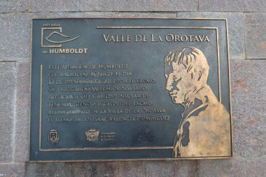 La Orotava, Tenerife, Spain, February 23, 2022: Commemorative plaque at the Humboldt viewpoint. La Orotava, Tenerife. Spain
