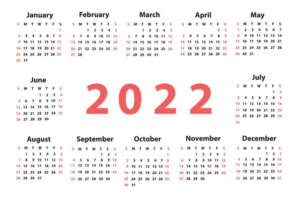 Kalender 2022 Vanaf Zondag Vectorillustratie — Stockvector