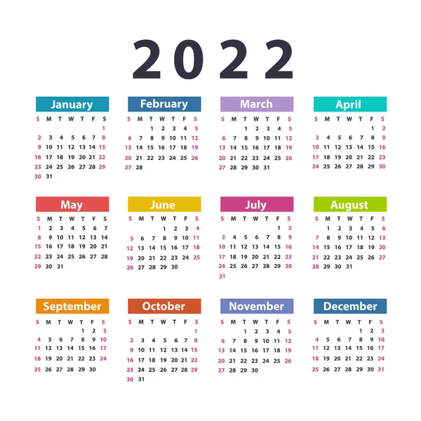 Календарь 2022 Начинается Воскресенья Векторная Иллюстрация — стоковый вектор