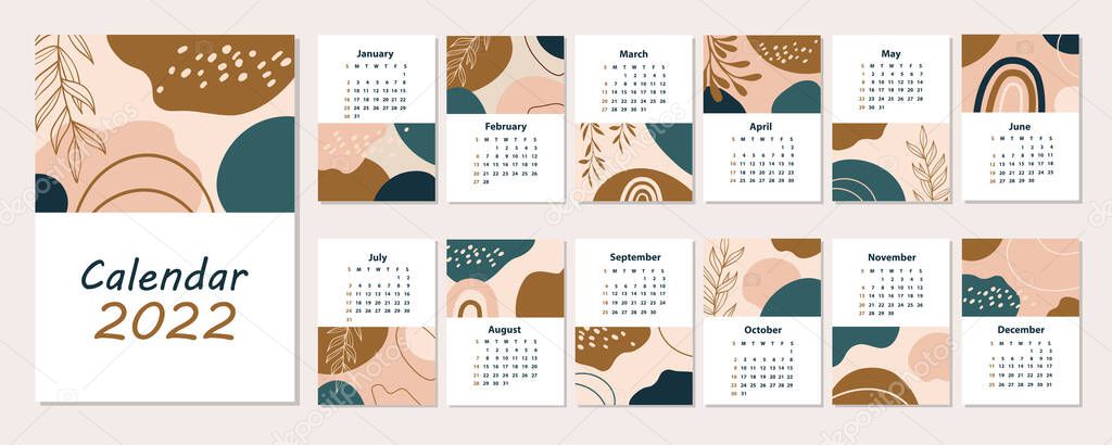Abstract 2022 calendar. Set 12 month pages. Hand drawn various shapes and doodle objects. Modern art. Minimalist shapes. Geometric trendy vector illustrations.
