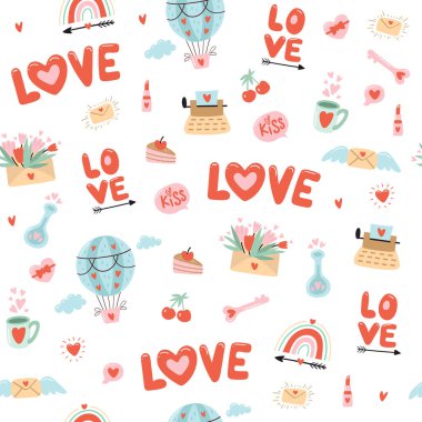 Sevgililer Günü için kusursuz bir desen. Beyaz arka planda kalp ve diğer elementler var. Sevgililer günü, düğün ve aşk konsepti. Vektör illüstrasyonları
