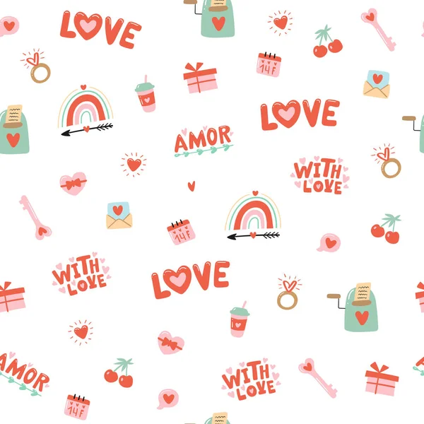 Seamless Pattern Valentine Day Heart Other Elements White Background Valentine — Stock Vector