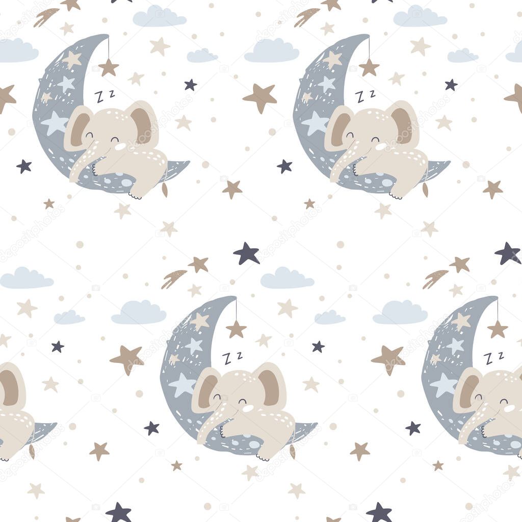 Seamless pattern with cute elephant sleeping on the moon. Vector Illustration
