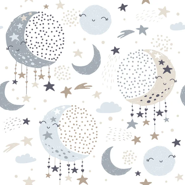 Patrón Sin Costuras Con Linda Luna Estrellas Nubes Antecedentes Ilustración — Vector de stock