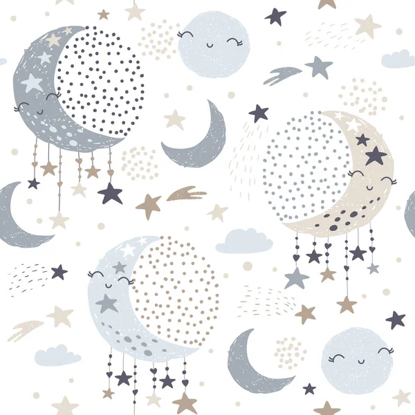 Nahtloses Muster Mit Niedlichem Mond Sternen Und Wolken Kinder Hintergrund Stockillustration