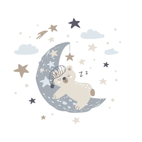 可爱的熊睡在月亮上 病媒图解 矢量图形