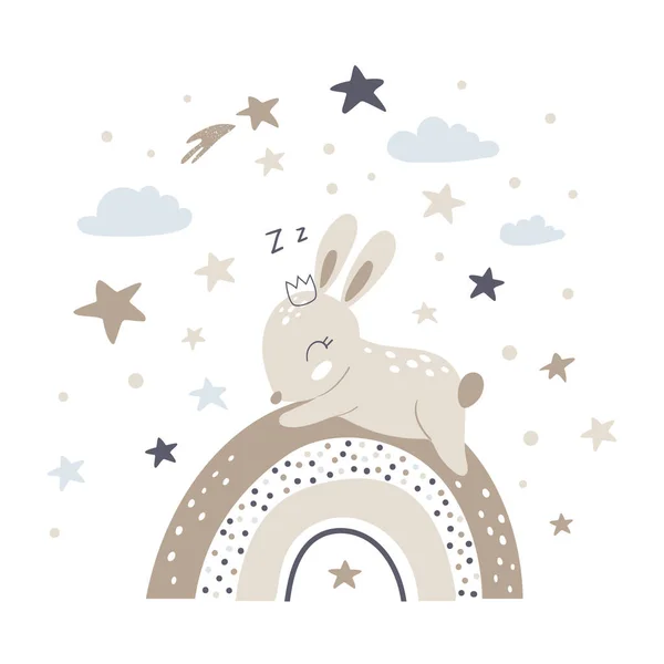 Дитячий Плакат Милим Кроликом Спить Веселці Векторна Ілюстрація — стоковий вектор