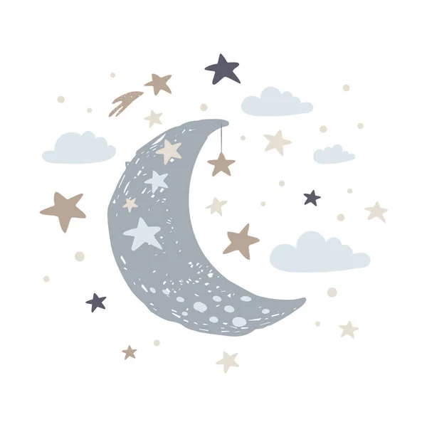 かわいい月の雲と星と保育園のポスター ベクターイラスト — ストックベクタ