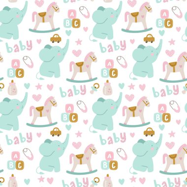 Bebek partisi elementleri, fil, oyuncak, bulut, gökkuşağı, süt, bebek, şişe, çorap, tekstil, baskı, tebrik kartları, doğum günü partisi, paket kağıdı, duvar kağıtları. Vektör illüstrasyonu 